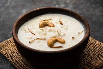 Rice Kheer or Firni or Chawal ki Khir is a pudding from Indian subcontinent, made by boiling milk ,sugar and Rice. Served in a bowl