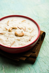Rice Kheer or Firni or Chawal ki Khir is a pudding from Indian subcontinent, made by boiling milk ,sugar and Rice. Served in a bowl