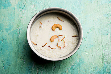 Rice Kheer or Firni or Chawal ki Khir is a pudding from Indian subcontinent, made by boiling milk ,sugar and Rice. Served in a bowl