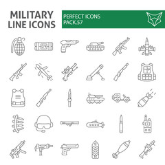 Military thin line icon set, war and army symbols collection, vector sketches, logo illustrations, weapon signs linear pictograms package isolated on white background.