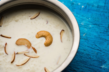 Rice Kheer or Firni or Chawal ki Khir is a pudding from Indian subcontinent, made by boiling milk ,sugar and Rice. Served in a bowl