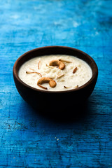 Rice Kheer or Firni or Chawal ki Khir is a pudding from Indian subcontinent, made by boiling milk ,sugar and Rice. Served in a bowl