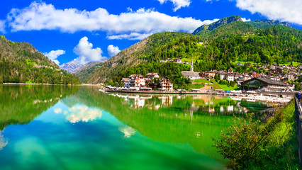 Beautiful mountain lake Lago di Alleghe in Dolomites Alps, northen Italy
