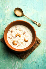 Rice Kheer or Firni or Chawal ki Khir is a pudding from Indian subcontinent, made by boiling milk ,sugar and Rice. Served in a bowl