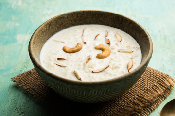 Rice Kheer or Firni or Chawal ki Khir is a pudding from Indian subcontinent, made by boiling milk ,sugar and Rice. Served in a bowl