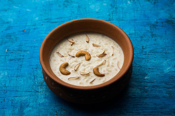 Rice Kheer or Firni or Chawal ki Khir is a pudding from Indian subcontinent, made by boiling milk ,sugar and Rice. Served in a bowl