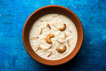 Rice Kheer or Firni or Chawal ki Khir is a pudding from Indian subcontinent, made by boiling milk ,sugar and Rice. Served in a bowl