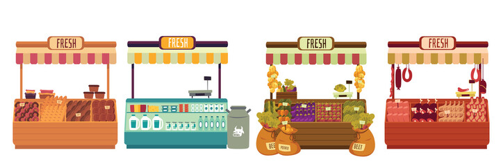 Local markets. Fresh farm foods, meat, bakery and milk. Shopping places isolated on white background. Market shop milk and meat, vegetables and fruit illustration