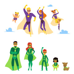 Set of Caucasian and asian or latino superhero families.