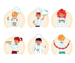 Children the chefs cooking or preparing food flat vector illustration isolated.
