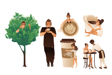 Coffee set of people coffee lovers flat cartoon vector illustrations isolated.