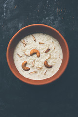 Rice Kheer or Firni or Chawal ki Khir is a pudding from Indian subcontinent, made by boiling milk ,sugar and Rice. Served in a bowl