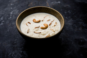 Rice Kheer or Firni or Chawal ki Khir is a pudding from Indian subcontinent, made by boiling milk ,sugar and Rice. Served in a bowl