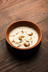 Rice Kheer or Firni or Chawal ki Khir is a pudding from Indian subcontinent, made by boiling milk ,sugar and Rice. Served in a bowl