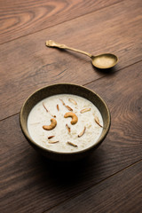 Rice Kheer or Firni or Chawal ki Khir is a pudding from Indian subcontinent, made by boiling milk ,sugar and Rice. Served in a bowl