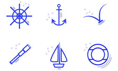 Set sea icons. Monochrome web sign nautical kit. Simple marine color. Contour symbol isolated white Vector Illustration
