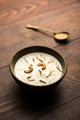 Rice Kheer or Firni or Chawal ki Khir is a pudding from Indian subcontinent, made by boiling milk ,sugar and Rice. Served in a bowl