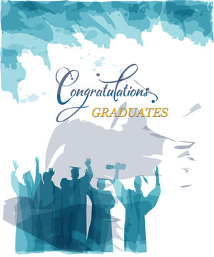 Congratulations graduates typography with silhouettes of graduates in water color style.
