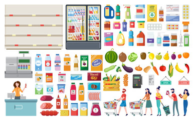 Set for a grocery supermarket and a store with products and a cash register, people and shelves.