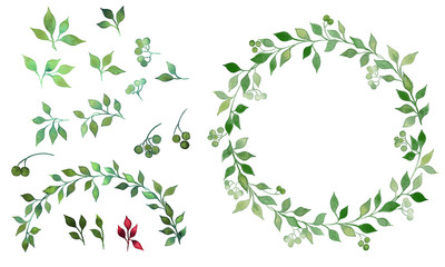Fototapeta premium watercolors decorative leaves and wreaths set