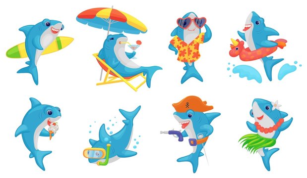Cute shark on summer vacation - cartoon set. Blue and white fish swimming, surfing, diving, etc.