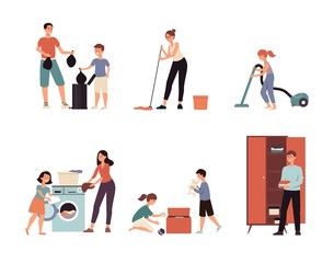 Cartoon family cleaning the house - isolated flat drawing set.