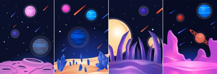 Space landscape poster set - colorful alien planet on dark galaxy night sky