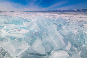 View of ice surface of Baikal lake in winter