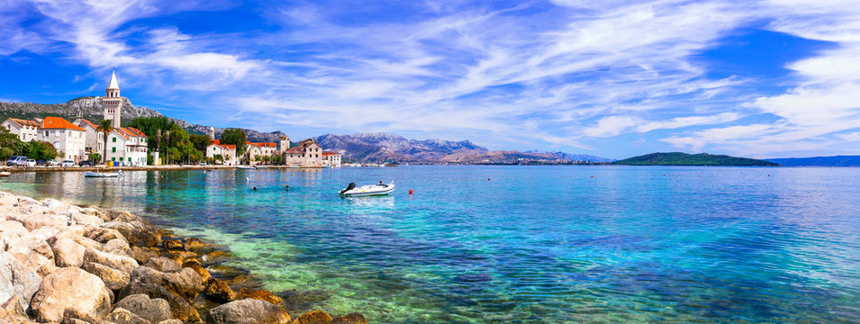 Kastel Stafilic high resolution 12k panorama of coastal village in Croatia. Medieval stone architecture and harbor in Kastela Dalmatia. Scenic Adriatic sea landscape