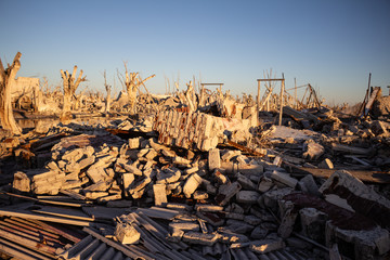 Abandoned and destroyed city in Buenos Aires. Ghost town of Epecuen. The destructive effect of nature resembles a bombardment.