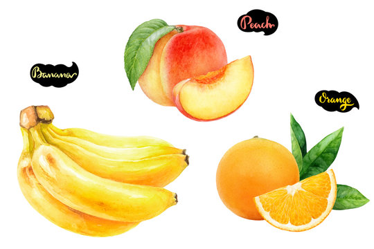 banana orange peach set fruit watercolor isolated on white background