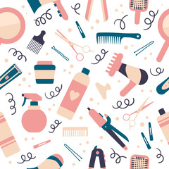 Vector seamless pattern for hair salon. Hair instruments and elements on white background