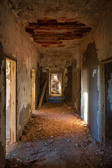 Abandoned and destroyed city in Buenos Aires. Ghost town of Epecuen. The destructive effect of nature resembles a bombardment.