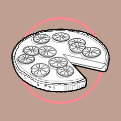 Hand-drawn black and white illustration of key lime pie on a beige background with thick outline.