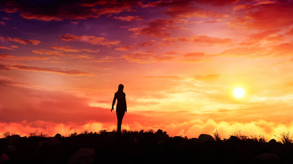 surreal fantasy woman figure standing on top of a hill watching majestic sunset © archangelworks