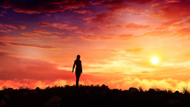 surreal fantasy woman figure standing on top of a hill watching majestic sunset