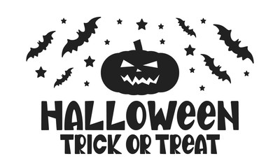 Halloween. Trick or treat. Happy Halloween holiday party. Celebrate annual in October 31. Scary face pumpkin, bats, air balloons. Autumn, fall season. Poster, greeting card, banner, background. Vector