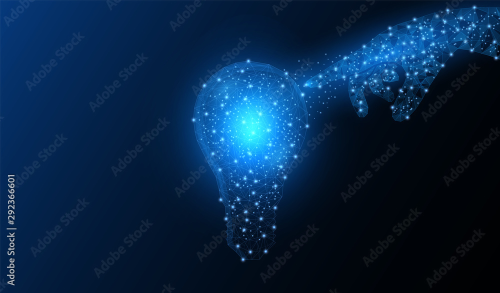 Poster abstract background. digital light bulb. blue tones. highlighted structure. future. the hand reaches