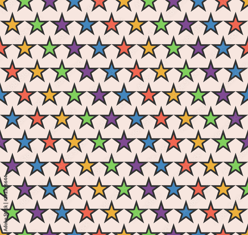 Poster simple seamless pattern of stars of different colors with black outline arranged diagonally. nice, c