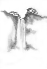 Waterfall drawn in ink. Landscape of a mountain of water by ink. Chinese ink painting. Painting on raw sheet