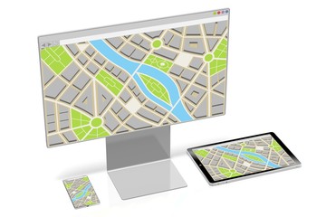 3D monitor, smartphone and tablet - map concept