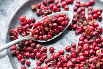 Pink peppercorns on a silver spoon