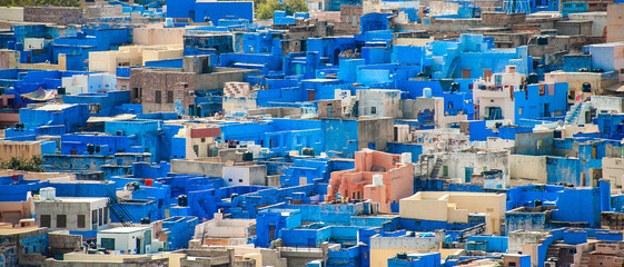 View of the blue houses in the old town of Jodhpur, India's Blue City, a famous tourist destination in Rajasthan and a Unesco World Heritage Site