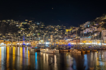 Hydra Island port view in Greece - night view