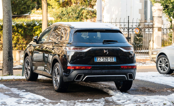 Strasbourg, France - Dec 18, 2018: Black luxury new Citroen DS7 a compact luxury crossover SUV parked on a French street in the winter