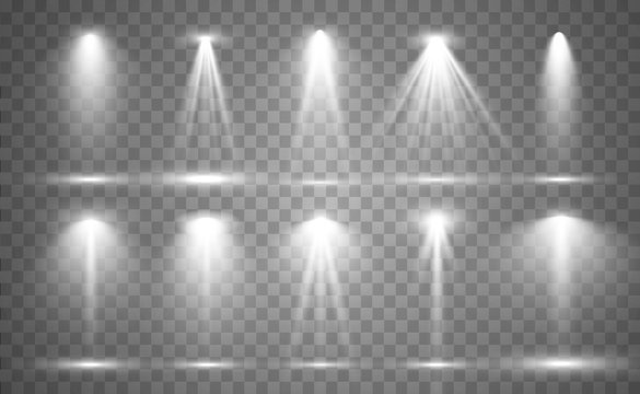 Searchlight collection for stage lighting, light transparent effects. Bright beautiful lighting with spotlights.