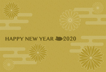 2020年子年の年賀状イラスト: 和柄と花模様デザイン（金色背景）