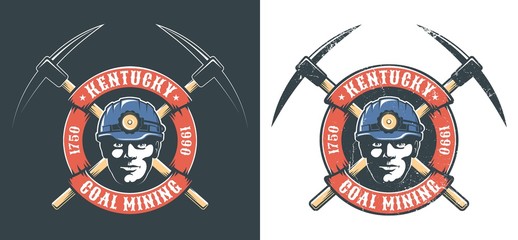 Miner's logo with miner head in hardhat with lantern and crossed picks. Vector retro illustration. Grunge worn texture on separate layer.