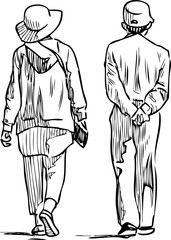 Fototapeta na wymiar Sketch of couple of citizens walking down the street