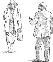Sketch of couple of elderly citizens meeting on the street